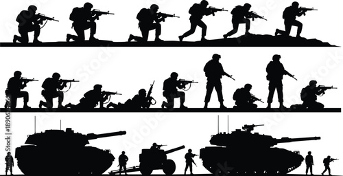 Black silhouettes of soldiers and military vehicles tanks