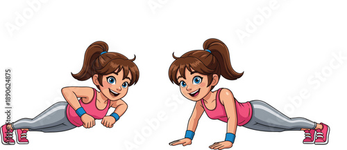 Cartoon girl doing pushups in pink and gray workout clothes woman fitness exercise