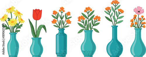 Colorful flowers in teal vases on white background
