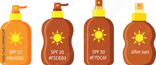 Four bottles of sunscreen with different S P F levels and colors sun protection skincare