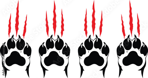 Four animal paw prints with red flames on white background black paw prints claws