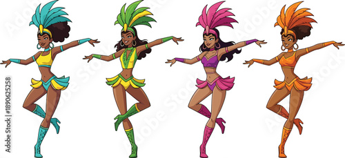 Four cartoon women in colorful samba costumes dancing dance