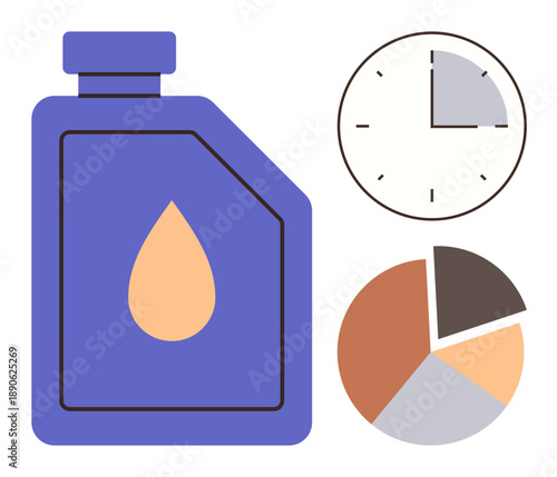 Time management, resource optimization, energy efficiency, planning, productivity, business analysis. Blue oil bottle with droplet, clock pie chart. Resource optimization and time management concept