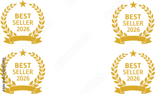 Gold seller 2026 labels with laurel wreaths and ribbons