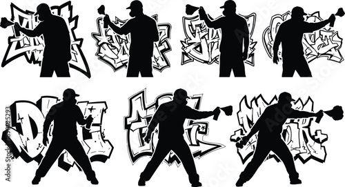 Graffiti artists silhouettes spray painting urban street urban street vandalism