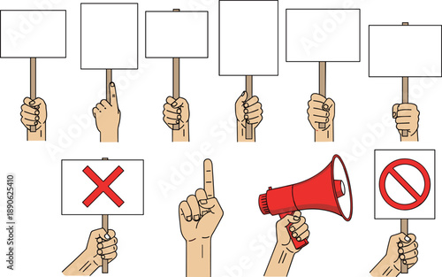 Hands holding protest signs and megaphone demonstration