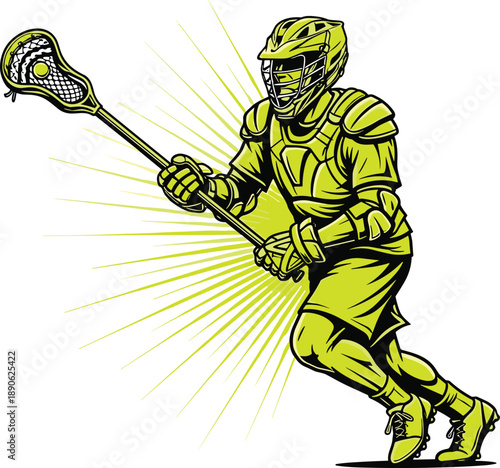 Lacrosse player in yellow uniform running with stick and ball sports green