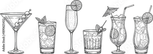 Line of six cocktails with various garnishes martini champagne mixed drinks glasses