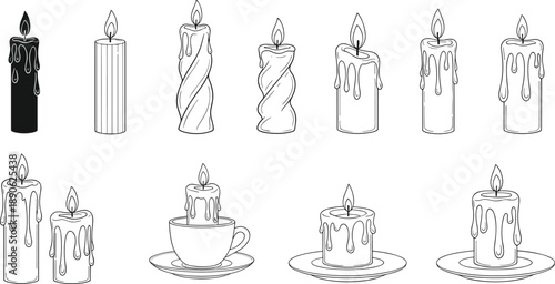 Line of various lit candles on plates and in cups melting candles dripping wax candle line black and white
