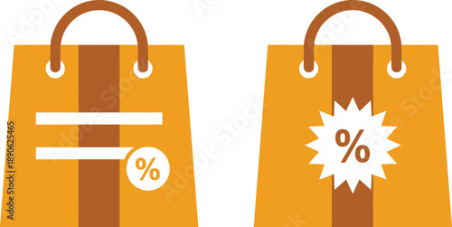Orange shopping bags with brown handles and discount symbols percentage signs white background