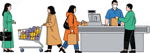 People shopping and checking out at a store checkout cart