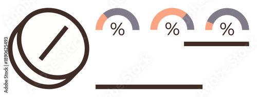 Data analysis, business reports, modern infographics, tech interfaces, presentations, charts. Circular graphs with percentages and horizontal lines. Data analysis and business reports concept