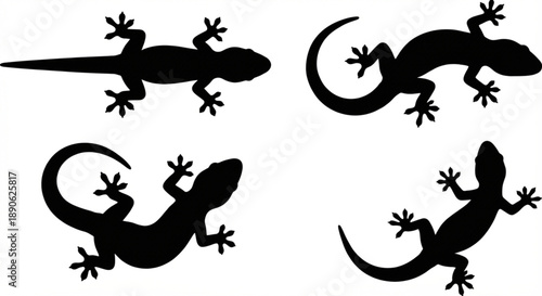 Black gecko and lizard silhouettes in various poses, an agile reptile collection isolated on white, perfect for nature-themed graphic design and educational projects