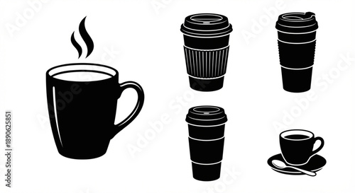 Collection of black and white coffee cups and mugs, symbolizing hot beverages and café culture, perfect for graphic design
