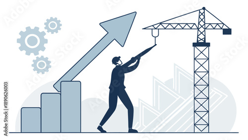 Industrial Development and Construction: Man Operating a Crane to Build a Rising Bar Chart, Symbolizing Growth, Progress, and Engineering Success.