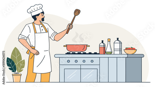 Professional Male Chef Stirring a Pot on the Stove with a Wooden Spoon in a Modern Kitchen Setting