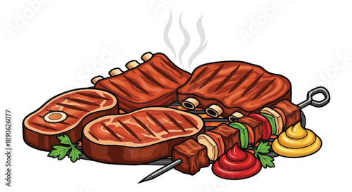 Sizzling BBQ Platter with Grilled Pork Ribs and Beef Steaks Mix