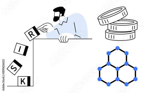 Business risk, finance, decision-making, investments, economic strategy, uncertainty. A man interacts with falling RISK letters, stacked coins and a network diagram. Business risk and finance