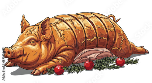 Italian Style Roasted Porchetta Pork Roll with Crispy Skin and Herbs