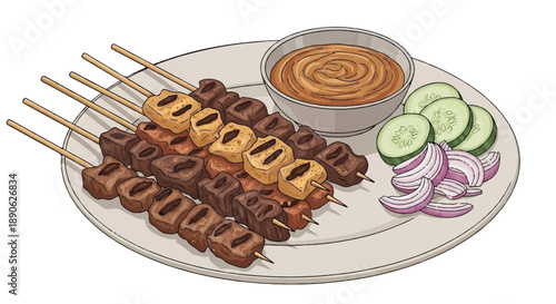 Traditional Grilled Meat Skewers Satay with Peanut Sauce and Vegetables