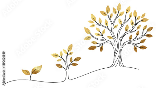 繊細な線画と金色のテクスチャで描かれた、種から大樹への成長プロセスです。きらきらと輝く葉や根が、着実な進歩と将来の繁栄を象徴しています。ビジネスの成功や資産形成、人生の発展を表現する資料に、上品な希望のイメージを添えます。