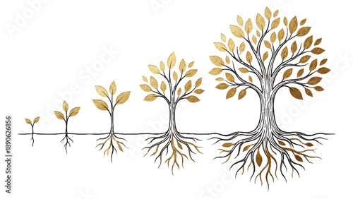 繊細な線画と金色のテクスチャで描かれた、種から大樹への成長プロセスです。きらきらと輝く葉や根が、着実な進歩と将来の繁栄を象徴しています。ビジネスの成功や資産形成、人生の発展を表現する資料に、上品な希望のイメージを添えます。