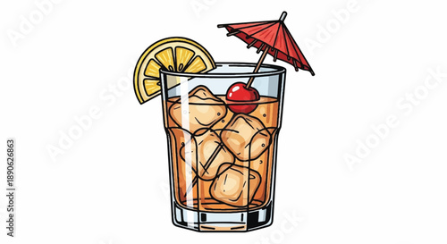 Tropical Summer Cocktail with Ice Cherry Lemon and Red Umbrella Decoration