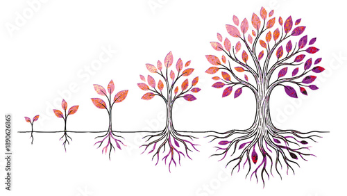 繊細な線画とテクスチャで描かれた、種から大樹への成長プロセスです。きらきらと輝く葉や根が、着実な進歩と将来の繁栄を象徴しています。ビジネスの成功や資産形成、人生の発展を表現する資料に、上品な希望のイメージを添えます。