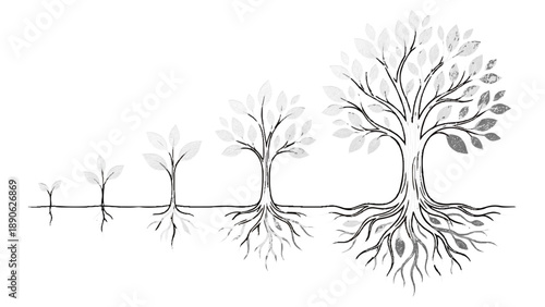 繊細な線画とテクスチャで描かれた、種から大樹への成長プロセスです。きらきらと輝く葉や根が、着実な進歩と将来の繁栄を象徴しています。ビジネスの成功や資産形成、人生の発展を表現する資料に、上品な希望のイメージを添えます。