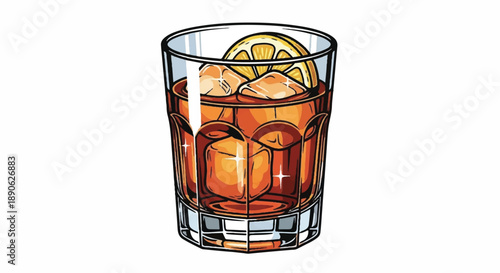 Refreshing Iced Tea or Cola with Lemon Slice and Ice Cubes in Glass