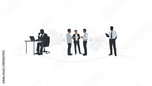 Professionals Engaging in Discussion at Office Setting, Business Illustration, Modern Workspace