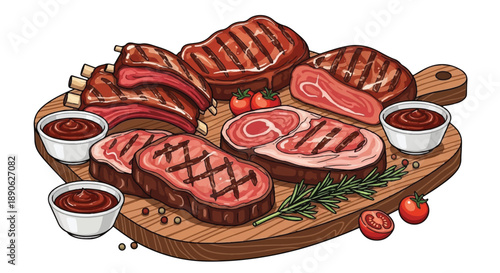 Premium Grilled Beef Steaks on Wooden Board with Rosemary and Tomatoes