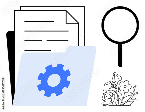 Data management, file organization, system settings, troubleshooting, document search, creativity. Gear icon on folder, magnifying glass flower sketch. Data management and file organization concept