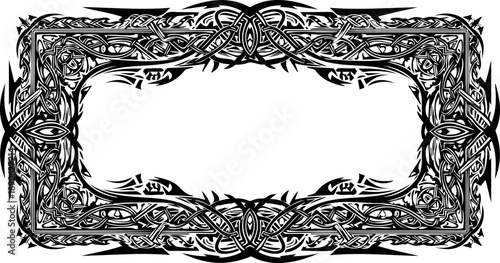 A black and white ornate rectangular frame with floral patterns and thorns for decorative purposes