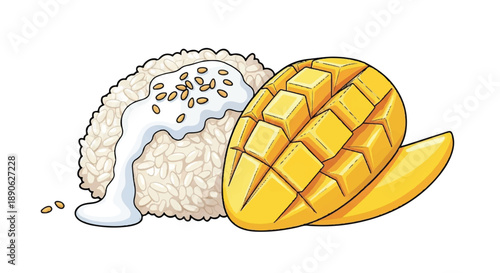 Traditional Thai Dessert Mango Sticky Rice with Coconut Milk and Sesame