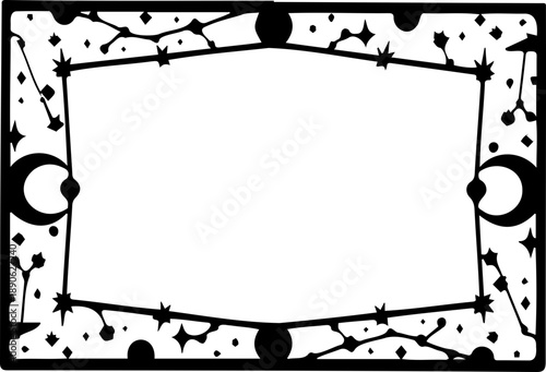 A black and white vector graphic of a blank frame with a celestial design