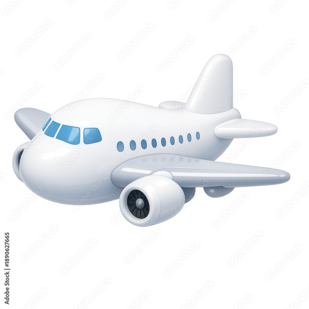 Naklejka premium Sleek white commercial jet airliner with blue windows and grey engines, isolated on a transparent background for aviation and tourism industries.