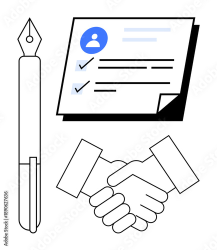 Pen, completed checklist on paper, and handshake symbolizing agreement, cooperation, and partnership. Ideal for business deal, collaboration, contract, approval commitment client relation simple