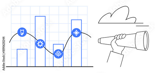Data analysis, business strategy, market forecasting, seasonal trends, growth analytics, strategic planning. Graph with bars, line seasonal symbols hand with telescope. Data analysis and business