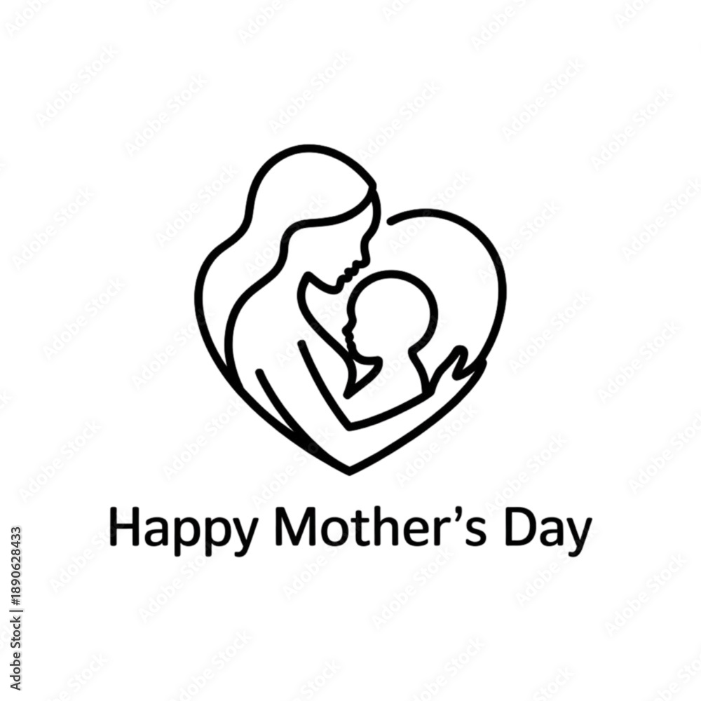 Fototapeta premium A heartwarming outline illustration of a mother embracing her child within a heart, celebrating happy mother's day isolated on white background
