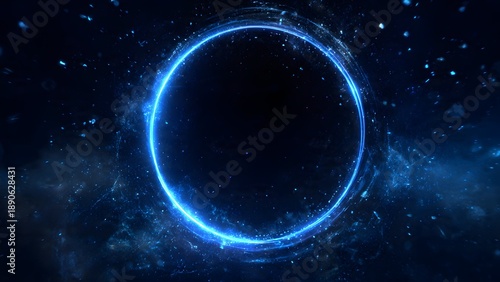Abstract background with a bright blue circle, blue ring, circular dust particles and a light flash effect on a black background.
