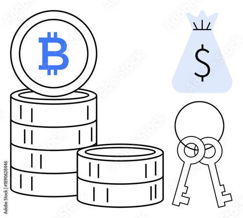 Bitcoin symbol on stacked coins with digital keys and dollar money bag highlighting cryptocurrency, blockchain, finance, digital economy, investment, and secure transactions. Ideal for financial