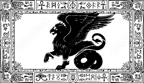A black and white vector graphic of a mythical griffin with a decorative border