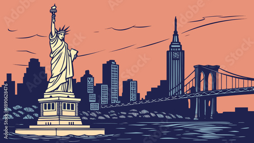 New york skyline with statue of liberty, perfect for travel brochures, patriotic designs, cityscape posters, and new yorkthemed content.