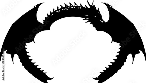 A black dragon shaped emblem with wings spread wide on a white background