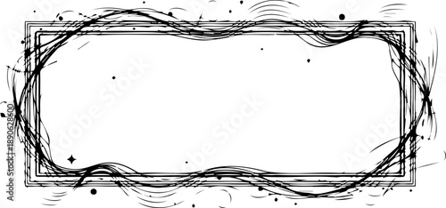 A black and white vector graphic of a rectangular frame with a scribbled border and splatters
