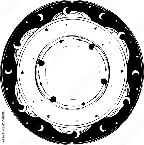 A minimalist vector graphic illustration of a lunar cycle wheel with phases and stars