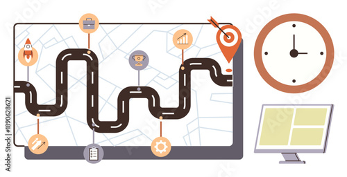 Business strategy, project management, time tracking, planning process, workflow optimization, performance monitoring. Curved roadmap with icons, clock and monitor. Project management and workflow