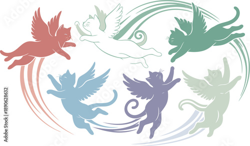 Whimsical Flight of Pastel Winged Cats: Colorful Angelic Feline Illustration Soaring in a Dreamy Circle