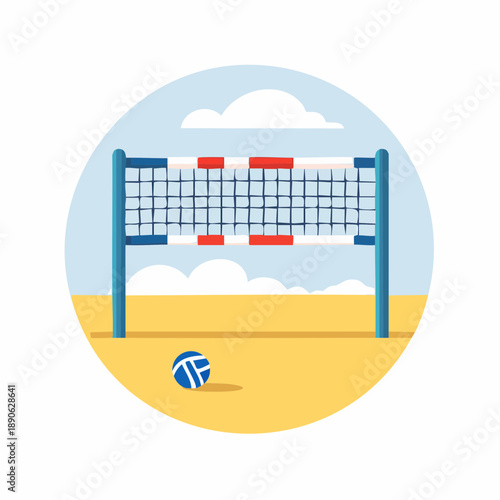 Beach volleyball court with net and ball on sunny day
